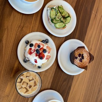 Stylus and Crate - dill and cucumber toast, berries and cream waffle, and cranberry muffin - Coffee & Tea Near Me - Wheat Ridge, Colorado