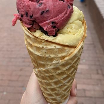 Gelato Boy - Regular Gelato, Waffle Cone: Black Raspberry Chocolate Chip and Mango Coconut (dairy free) - Coffee & Tea Near Me - Boulder, Colorado Gelato Boy - Regular Gelato, Waffle Cone: Black Raspberry Chocolate Chip and Mango Coconut (dairy free) - Coffee & Tea Near Me - Boulder, Colorado