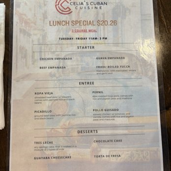 Celias Cuban Cuisine - 3 course lunch special... - Cuban Near Me - Columbia, Maryland Celias Cuban Cuisine - 3 course lunch special... - Cuban Near Me - Columbia, Maryland