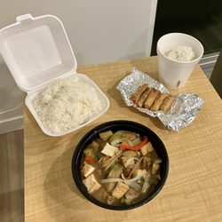 Bangkok Thai Cuisine - Fried eggplant tofu stir-fry, coconut ice cream