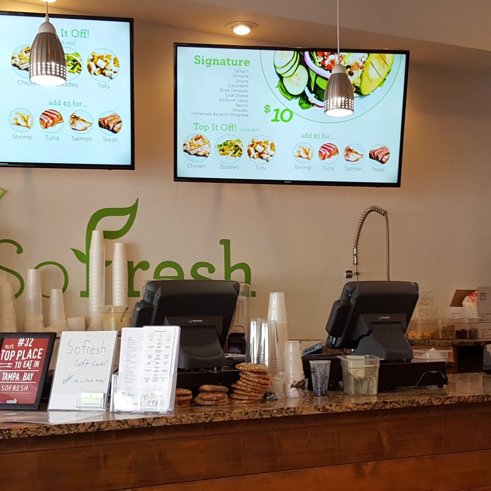 SoFresh - Order at the counter. You can either watch the scrolling menu choices on the flat-screen TVs, or look at a printed menu - New American Near Me - Tampa, Florida SoFresh - Order at the counter. You can either watch the scrolling menu choices on the flat-screen TVs, or look at a printed menu - New American Near Me - Tampa, Florida