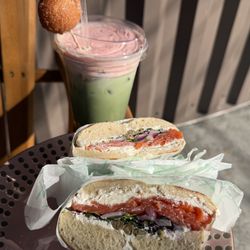 FROST - Smoked salmon lox bagel with matcha latte -- one of our most popular breakfast combos.