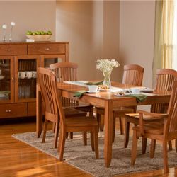 Vintage Oak Furniture - Simply Amish Justine Dining set is Solid wood & American made. Quick Ship in pictured cherry wood, also available in custom sizes and stains