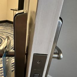 The whole thing fell off on the floor! I placed it back on the door hoping no one walking by would notice and try to come in. The whole thing fell off on the floor! I placed it back on the door hoping no one walking by would notice and try to come in.