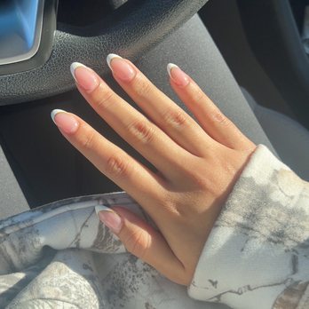 Nails By David Lee - Almond French tip with gold line underneath - Nail Salons Near Me - Modesto, California Nails By David Lee - Almond French tip with gold line underneath - Nail Salons Near Me - Modesto, California