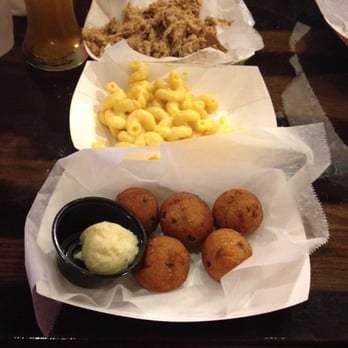 Fat Pete's BBQ - top to bottom: pulled pork, mac and cheese, and hush puppies - Barbeque Near Me - Washington, DC, District of Columbia