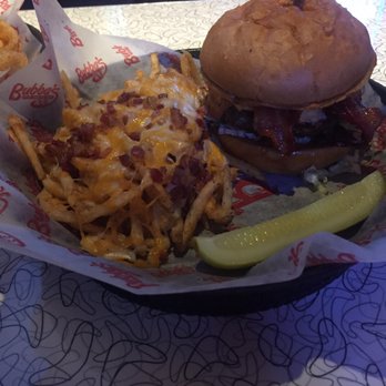 Bubba's 33 - The single Bubba 33 burger with cheese, not to be missed! Seasoned french fries loaded with cheese and bacon bits for an extra $.99. - Pizza Near Me - Clarksville, Indiana Bubba's 33 - The single Bubba 33 burger with cheese, not to be missed! Seasoned french fries loaded with cheese and bacon bits for an extra $.99. - Pizza Near Me - Clarksville, Indiana
