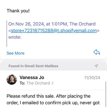 The Orchard at Apple Lane - I eventually got my refund in store on 12/22/24, original order placed 11/26/24. - Fruits & Veggies Near Me - Auburn, California The Orchard at Apple Lane - I eventually got my refund in store on 12/22/24, original order placed 11/26/24. - Fruits & Veggies Near Me - Auburn, California