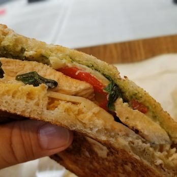 Paris Baguette - Pesto grilled chicken Toastie cross section - Coffee & Tea Near Me - Brooklyn, New York Paris Baguette - Pesto grilled chicken Toastie cross section - Coffee & Tea Near Me - Brooklyn, New York