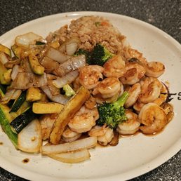 Shrimp Broccoli with zucchini/onions and fried rice Shrimp Broccoli with zucchini/onions and fried rice