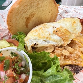 Cherry Cricket - Cherry Creek - Build your own Little Cricket Burger with pico, bacon, American cheese, crispy onion strings and a fried egg - Burgers Near Me - Denver, Colorado