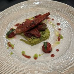 Bistro Autour du Beurre - 2nd blue lobster course - claw w/raspberry Bordier butter, leeks & purple artichoke