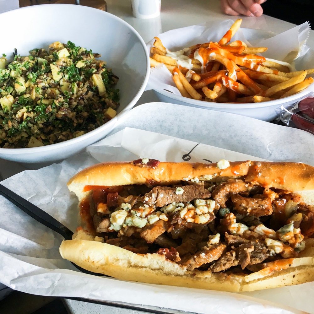 Cubby's - Tri-tip steak sandwich, kale and wild rice salad, Buffalo bleu fries - New American Near Me - Provo, Utah Cubby's - Tri-tip steak sandwich, kale and wild rice salad, Buffalo bleu fries - New American Near Me - Provo, Utah