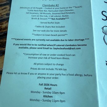 Sayle's Seafood - Menu per September 2026 - Seafood Markets Near Me - Nantucket, Massachusetts