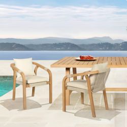 Outdoor Birch Lane Patio chairs. Wooden frame with woven fiber accents and weather resistant cushions. Sold as pair or separate.