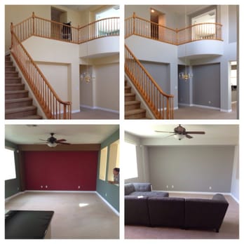 RAM Painting - Before/after of the open family/dining areas. It went from ugly yellow, green, red, brown to a modern 2 tone gray. - Painters Near Me - North Las Vegas, Nevada