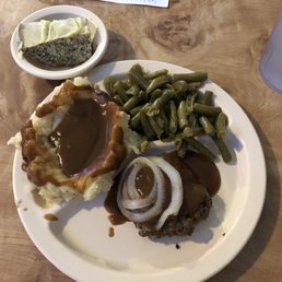 Lunch special, small plate, hamburger steak and lemon poppyseed cake. Lunch special, small plate, hamburger steak and lemon poppyseed cake.