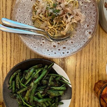 The Tyger - House-made egg noodles (top) Wok-tossed heirloom string beans (bottom) - Cocktail Bars Near Me - New York, New York