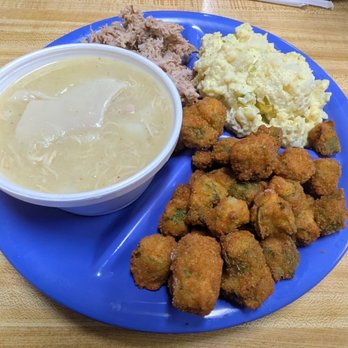 Ole Time Barbecue - Chicken pastry and barbecue pork with potato salad and fried okra - Barbeque Near Me - Raleigh, North Carolina