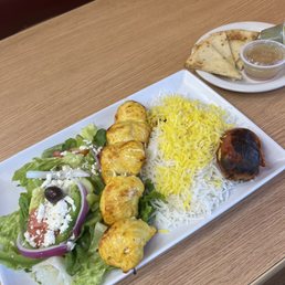 Chicken joojeh with half rice and half salad