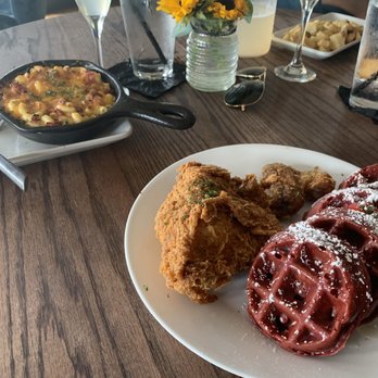 Taste Bar + Kitchen - Red velvet waffles with the Bacon Gouda MAC & cheese - Cocktail Bars Near Me - Houston, Texas Taste Bar + Kitchen - Red velvet waffles with the Bacon Gouda MAC & cheese - Cocktail Bars Near Me - Houston, Texas