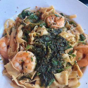 The Blue Glass - Delicious fresh-catch large Prawns over a delicate bed of ribbon egg noodles and a delicious coating of balance sauce! - Cocktail Bars Near Me - Seattle, Washington
