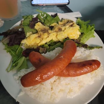 Sweet Corner Cafe - Pineapple sausage and eggs. Chance enoyed his breakfast. Very tasty - Comfort Food Near Me - Aiea, Hawaii
