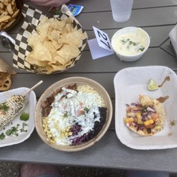 My meal! Street Corn, steak bowl, shrimp taco.