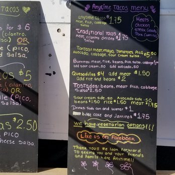 Anytime Taco - a menu on a chalk board - Tacos Near Me - White City, Oregon