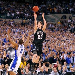 The famous last shot attempt by Gordon Hayward in the 2010 NCAA Division I Men's Basketball Championship game against Duke.