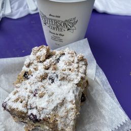 Blueberry crumb cake and coffee with soy milk - yum!