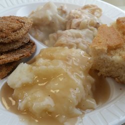 Gale 'n' Dale's - Chicken and dumplings, mashed potatoes with gravy and fried green tomatoes: $7.82 with drink and tax.