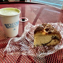 Soma Coffee House and Juice Bar - Coffee cake, honey lavender matcha latte