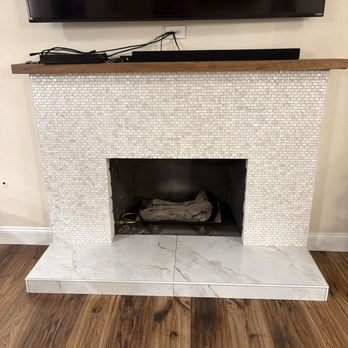 Old Town Kitchen & Bath - New Mother of Pearl Mosaic on wall of fireplace, Rectified Porcelain Marble Tile Hearth, with Solid Walnut Mantle. - General Contractors Near Me - Murrieta, California
