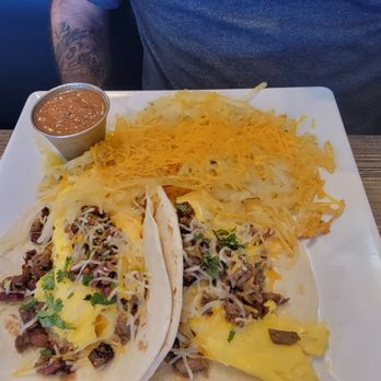 Cafe Republic - The Alamo - brisket and egg tacos with hashbrowns - Breakfast & Brunch Near Me - Fort Worth, Texas