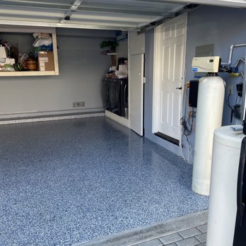Creative Epoxy Coating - Garage After Flooring; It looks even better now that the old stuff has gone away and new cabinets were installed. - Flooring Near Me
