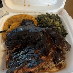 Greens, ribs, sweet potatoes