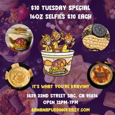 $10 Tuesday Special Alert! - Treat yourself to our mouthwatering puddings for just **$10** on Tuesday! 

Available exclusively at our **Midtown location** order online at bananapuddingkrazy.com 

From classic to krazy, we have a pudding to satisfy every palate!  Don’t miss out—Savor the flavor this Tuesday!