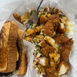 Hamburger (I just wanted cheese and ketchup on Texas toast), loaded fries with chicken.  This was take out.