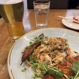Salmon Satay and Belgian draft