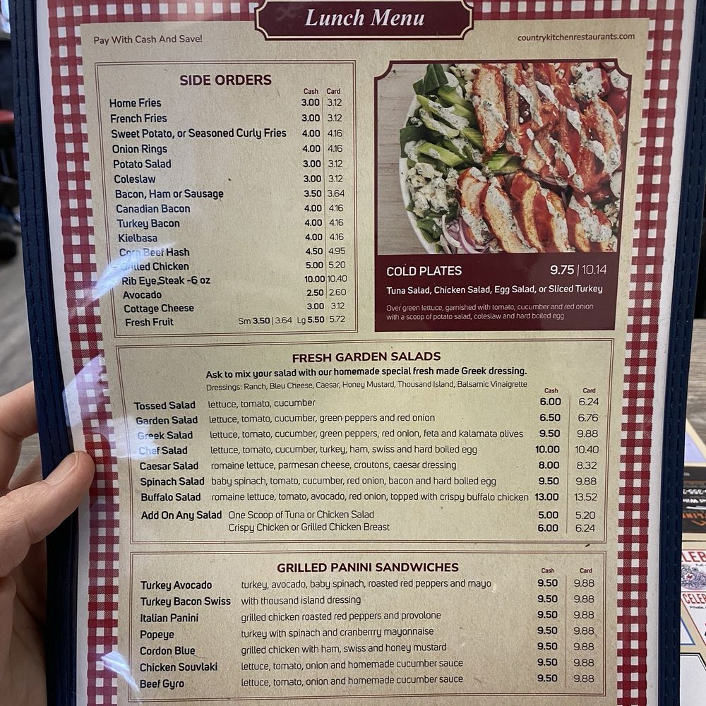 Country Kitchen - New menu - 2024 - Cash price vs Credit price - New American Near Me - East Haven, Connecticut