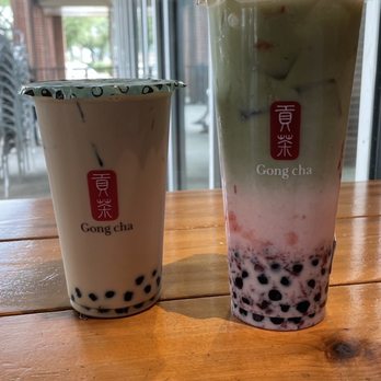 Gong Cha - left: brown sugar milk tea, add boba right: strawberry matcha late, add boba - Bubble Tea Near Me - Plano, Texas