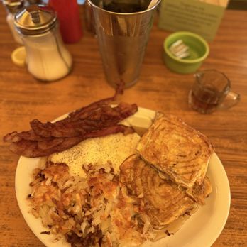 Western Cafe - The Bobcat -- cinnamon roll French toast w/ hash browns, two farm fresh eggs over easy, and bacon and an iced tea. - Breakfast & Brunch Near Me - Bozeman, Montana Western Cafe - The Bobcat -- cinnamon roll French toast w/ hash browns, two farm fresh eggs over easy, and bacon and an iced tea. - Breakfast & Brunch Near Me - Bozeman, Montana