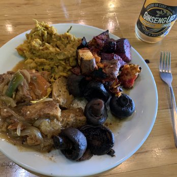 Kale Cafe Juice Bar & Vegan Cuisine - Vegan Value Meal (1 main ting & 3 side tings) $11.27 - Apple Cinnamon Seitan, Curry Channa, Roots n Tings, & Jerk Mushrooms - Vegan Near Me - Daytona Beach, Florida Kale Cafe Juice Bar & Vegan Cuisine - Vegan Value Meal (1 main ting & 3 side tings) $11.27 - Apple Cinnamon Seitan, Curry Channa, Roots n Tings, & Jerk Mushrooms - Vegan Near Me - Daytona Beach, Florida