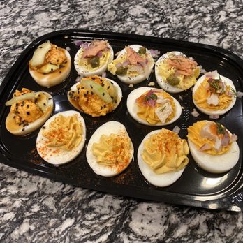 Deviled Egg Co - From left to right - Cali roll, smoked salmon, traditional (minus the fresh dill) and buffalo chicken - Coffee & Tea Near Me - Omaha, Nebraska Deviled Egg Co - From left to right - Cali roll, smoked salmon, traditional (minus the fresh dill) and buffalo chicken - Coffee & Tea Near Me - Omaha, Nebraska