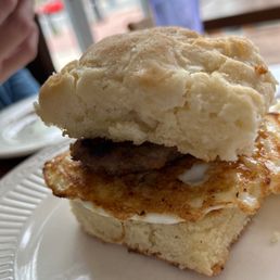 Sausage and fried egg breakfast biscuit Sausage and fried egg breakfast biscuit