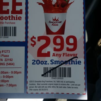 Smoothie King - This coupon is misleading. It says 2.99 any flavor. I went to buy a smoothie and the smoothie wasn't 2.99 . It was 6.88. - Juice Bars & Smoothies Near Me - Woodbridge, Virginia Smoothie King - This coupon is misleading. It says 2.99 any flavor. I went to buy a smoothie and the smoothie wasn't 2.99 . It was 6.88. - Juice Bars & Smoothies Near Me - Woodbridge, Virginia