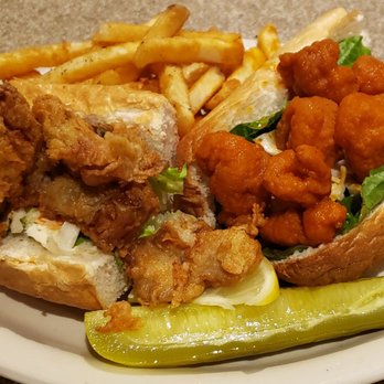 A W Shucks Raw Bar & Grill - Half Oyster & Half Buffalo Shrimp Po' Boy w/ Fries - Bars Near Me - Norfolk, Virginia
