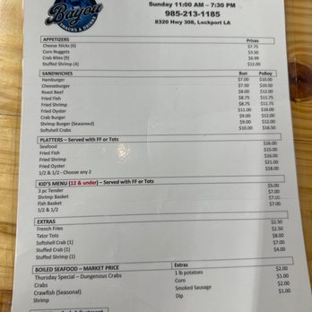 Bayou Snacks and Drinks - Menu 3/24/23 - American Near Me - Lockport, Louisiana