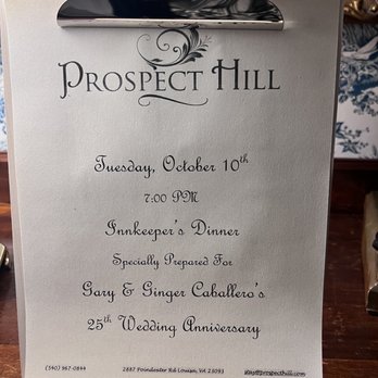 Prospect Hill Inn - The announcement of our anniversary dinner - Bed & Breakfast Near Me - Louisa, Virginia